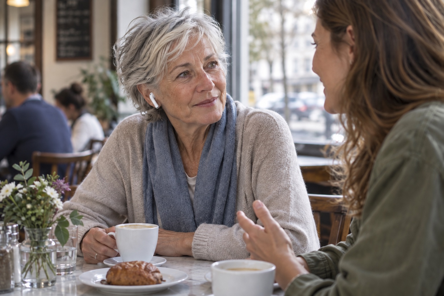 A woman wearing an earbud enjoying a conversation with her daughter at a café