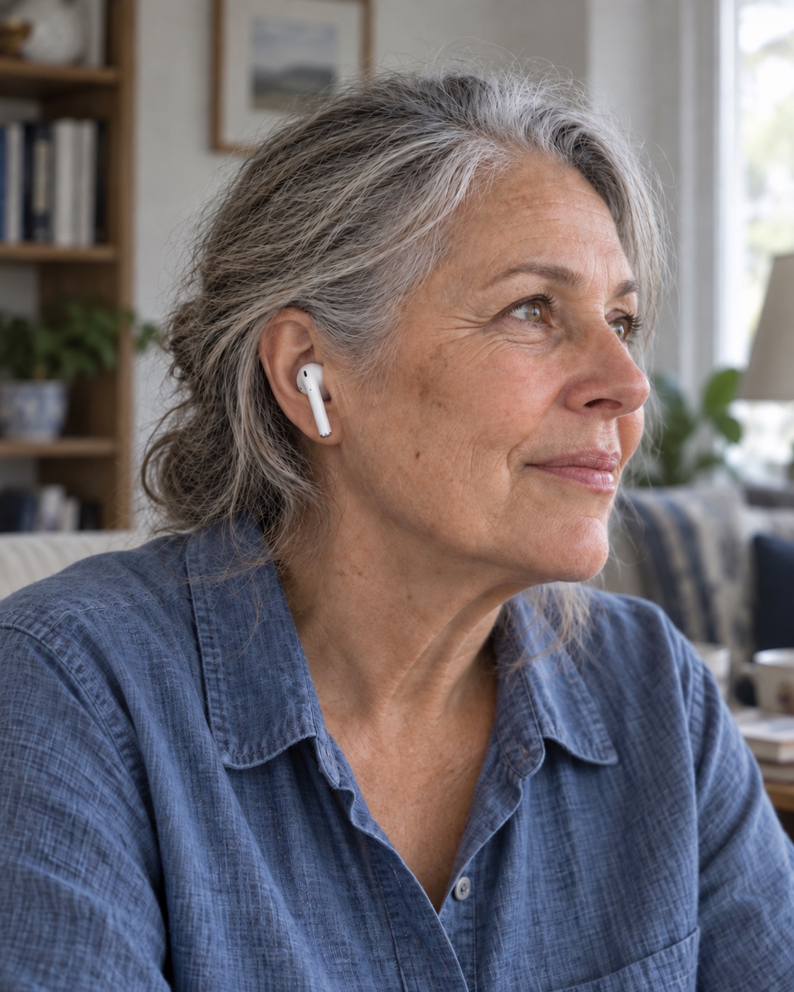A woman wearing a small wireless earbud at home